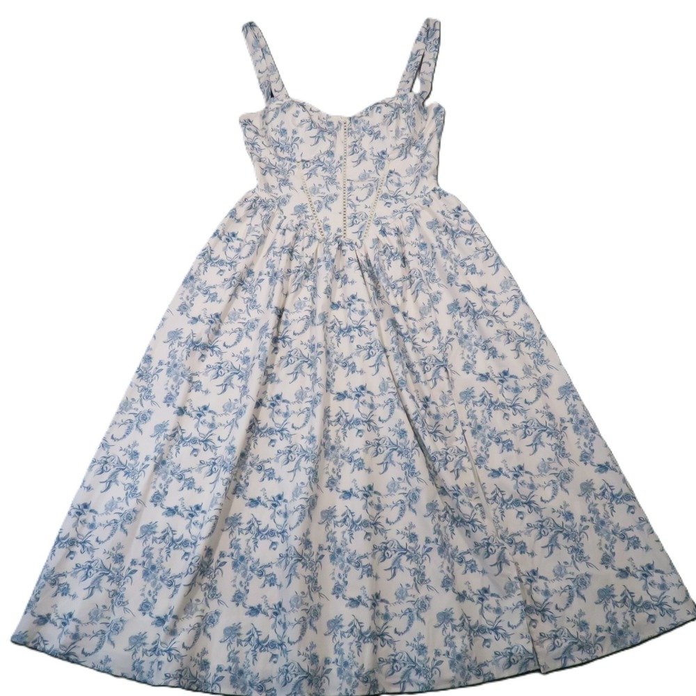 KUTUMAI Floral Corset Midi Sundress M Blue White Pockets Peasant Cottagecore NEW